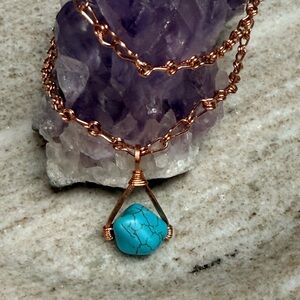 Turquoise Wishbone Pendant Necklace with Handmade Copper Chain